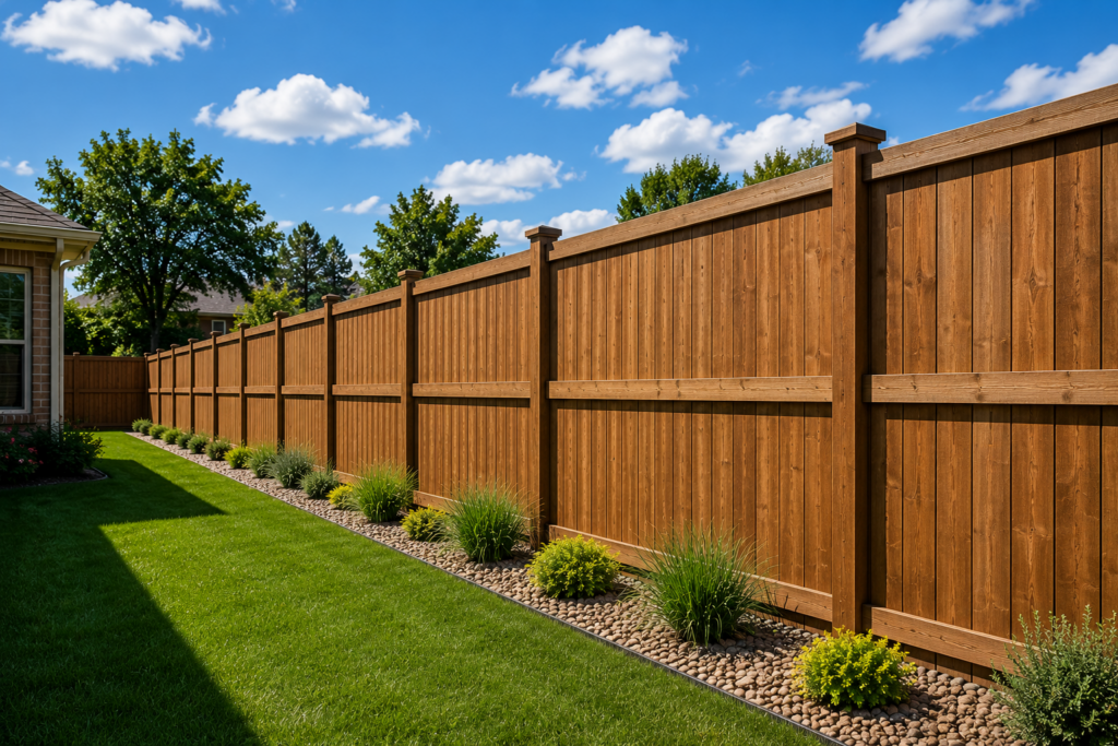 Sunny suburban backyard with wooden fence